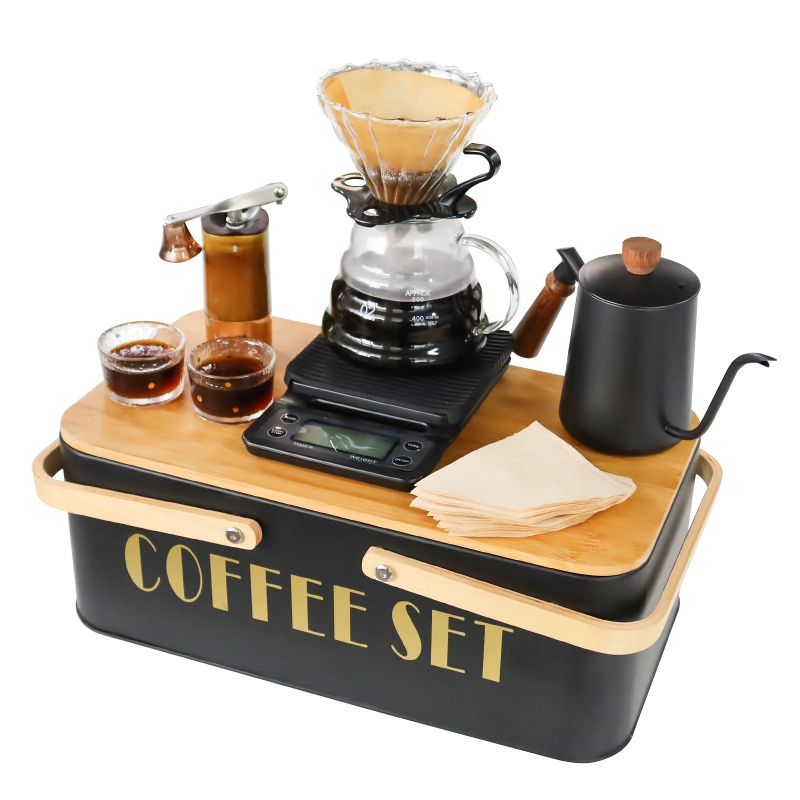 

Coffee Maker Kit With Pour Over Coffee Kettle Mug Manual Grinder Filters Scale Metal Box for Outdoor Traveling Festival Gift