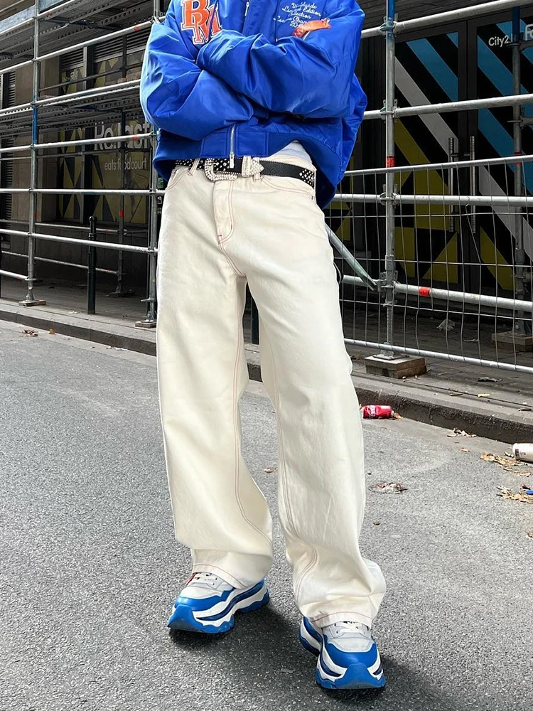 Latest Design Y2k Baggy Pants For Men Fashion Pockets Embroidery Casual Bottoms Streetwear Red Loose Fit Straight Wide Leg Jeans