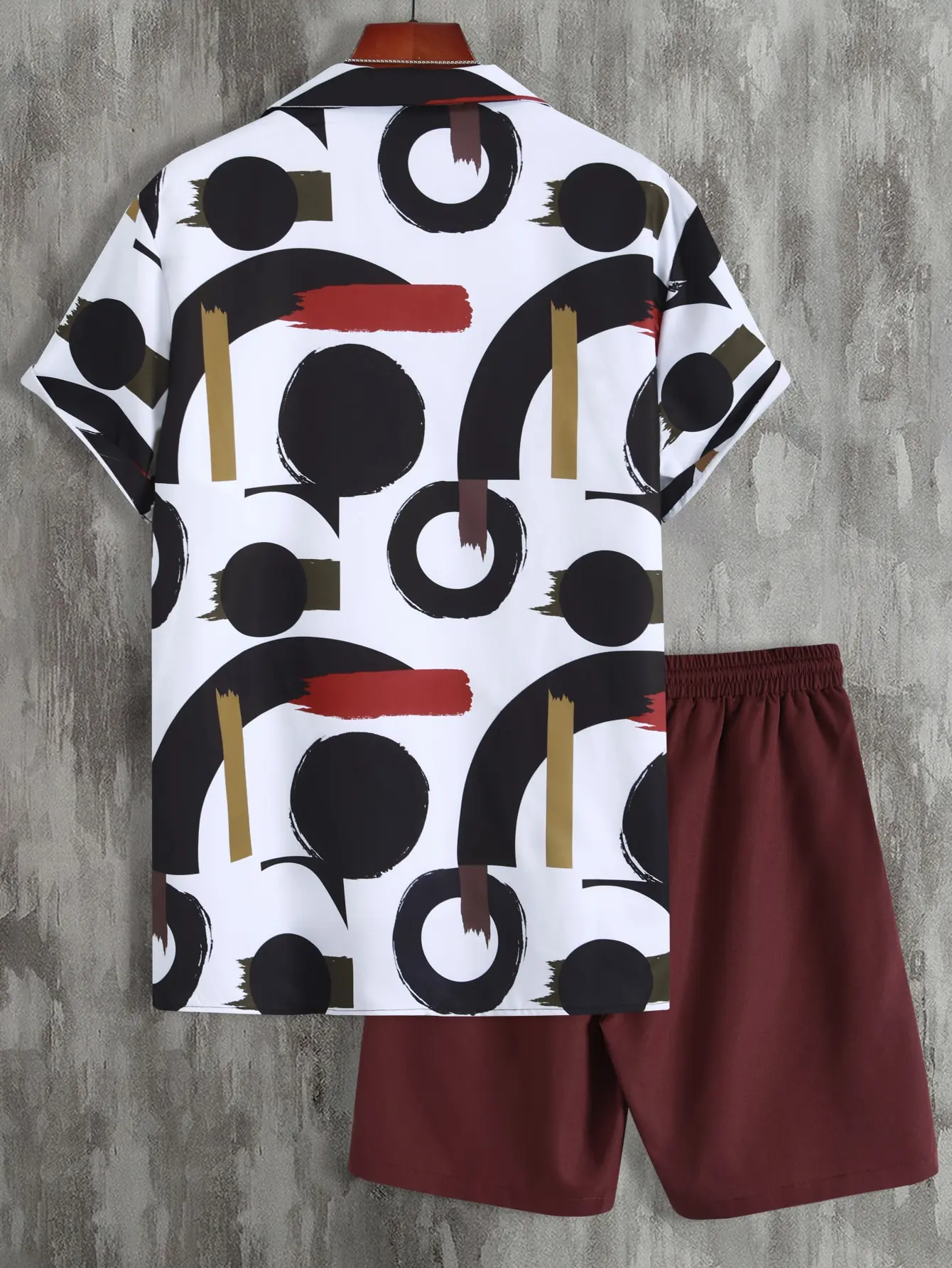 Men Random Circle and Brush Print Shirt & Drawstring Waist Shorts Without Tee