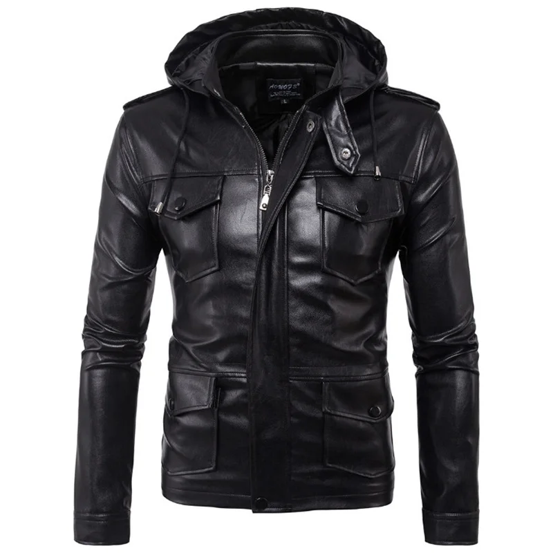 

Мужская мотоциклетная кожаная куртка, черная куртка из искусственной кожи с капюшоном и несколькими карманами, пальто большого размера 5XL, осень 2023