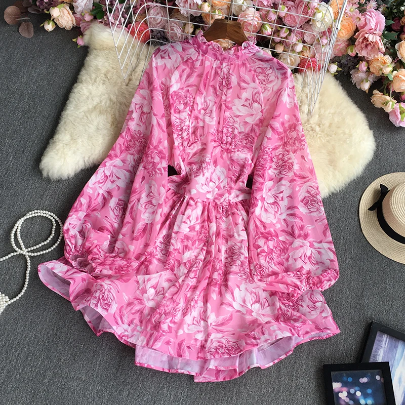 

SuperAen 2022 Spring/Autumn Chiffon Tie-dyed Printing O-Neck Lantern Sleeve A-LINE Casual Knee-Length Dress for Women