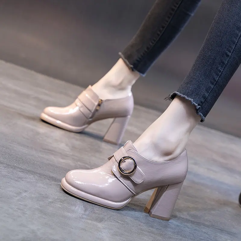 

Block Heel Platform Pumps Women Autumn Shoes 2022 Fall High Heels Shoes Ladies Spring Side Zip Deep Mouth Patent Leather Shoe