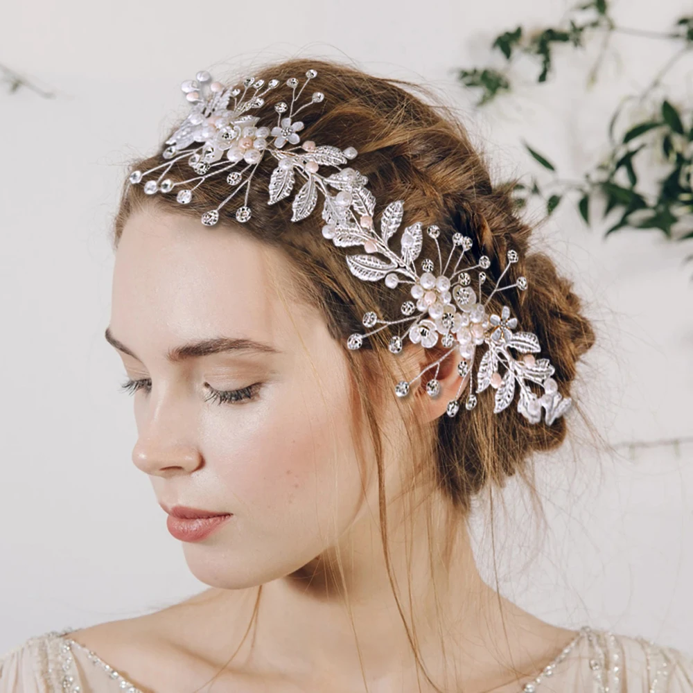 

Hair Vine For Brides Headbands With Ribbon Pink&White Pearl Headpiece Bridal Headdresses With Rhinestones Wreath Communion