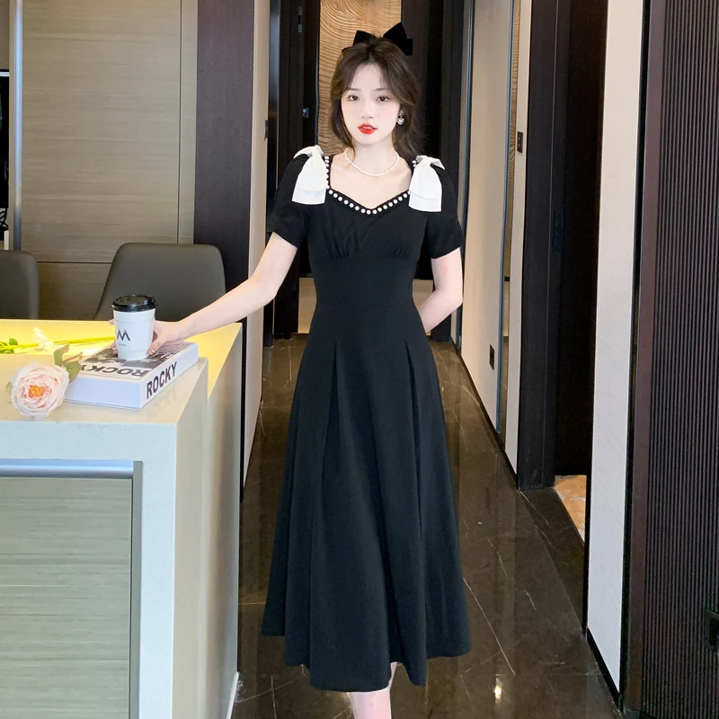 

2022 Summer Women Vintage Beading Bow Square Neck Summer Dress Casual Short Sleeve Streetwear Long Dress Vestidos