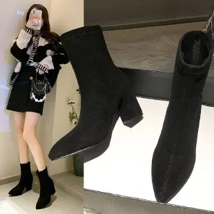 

Pointed Toe Sock Boots Women Shoes With Back Square Heels Ankle Boots Woman Shoes New Ladies Black Boots