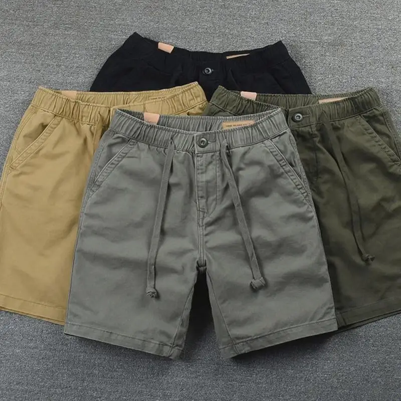 Men's Summer Fashion Casual Straight Shorts Solid Color Knee Length Elastic Waist Drawstring Pocket All-Match Work Trousers Male