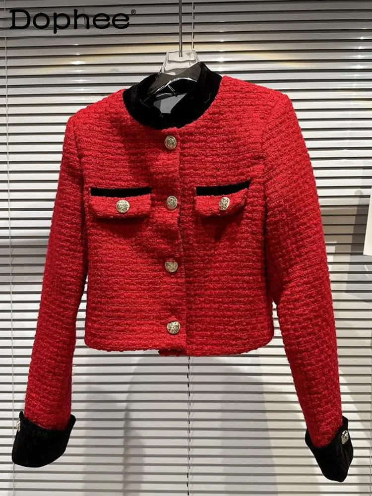 

Fashion Elegant Metal Button High End Tweed Coat Women's Loose Causal O-neck Long Sleeve Jacket Female 2022 Autumn