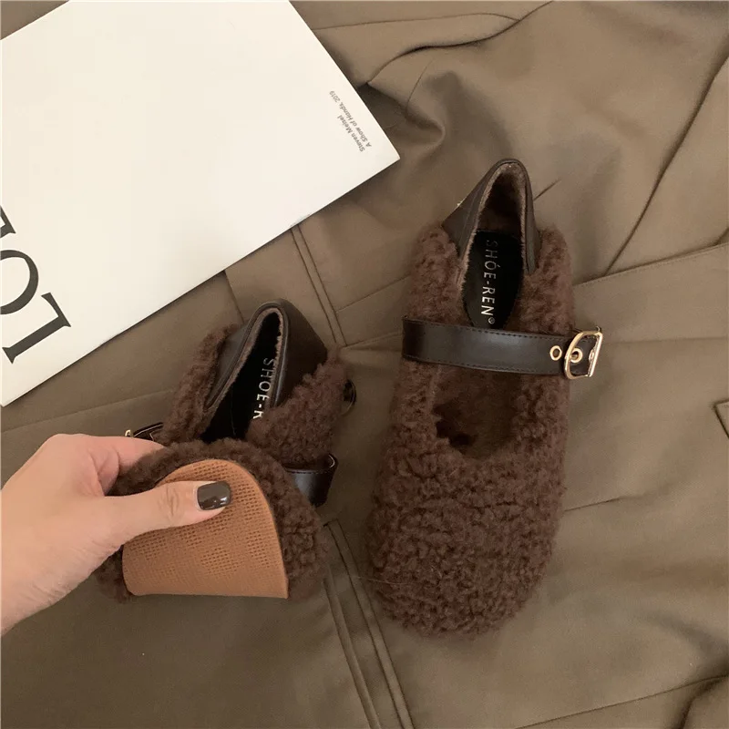 Lambswool Moccasins Femme Metal Buckle Belt Plush Flats Warm Cotton Loafers Curly Sheep Fur Mary Janes Winter Shoes Women 2022