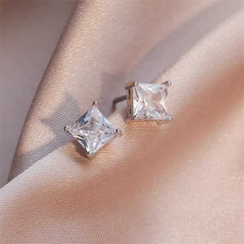 

Luxury Square White Earring Zircon Woman's Silvery Stud Earrings Trendy Korean Style Student Party Jewelry