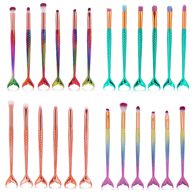 

Gradient Color Plastic Handle Mermaid Style 6pcs Makeup Eye Brushes