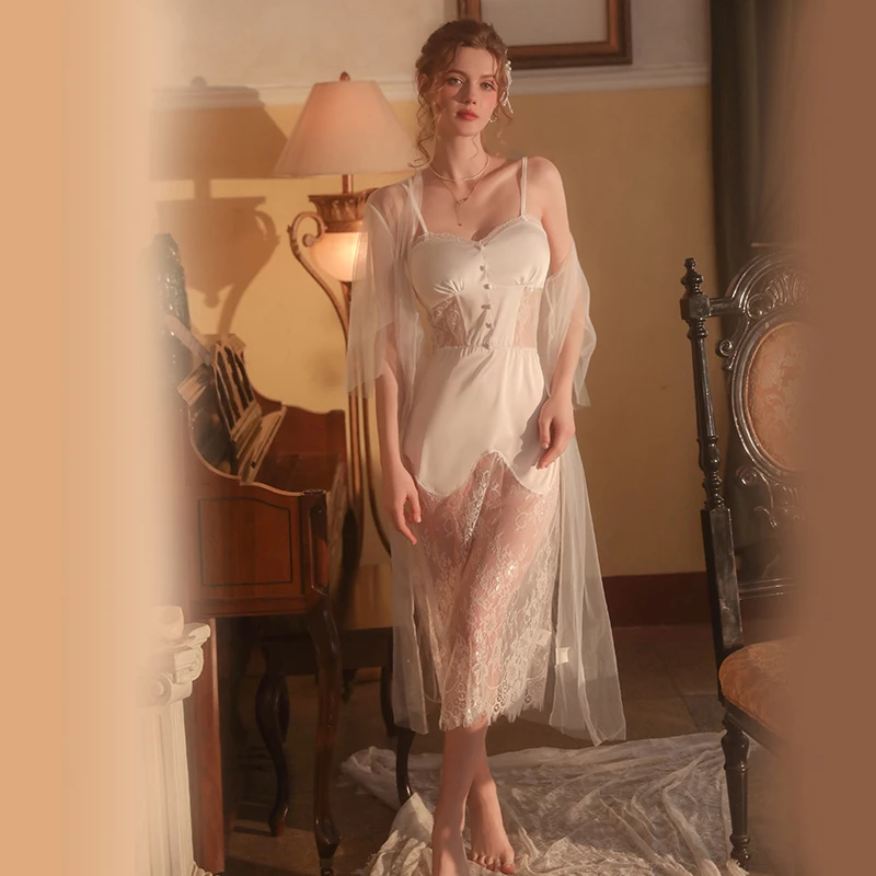 Sexy Mousse 2022 Women Sweet and Comfortable Nightgown Lace Mesh Perspective Sling Nightdress Lace-Up Robe Women's Homewear Set
