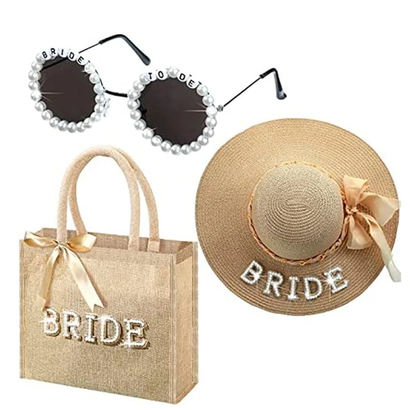 

Bride To Be Straw Hat Bag Sunglass Set Delicate Pearls for Bride Hen Night Bachelorette Party Decorations Gift