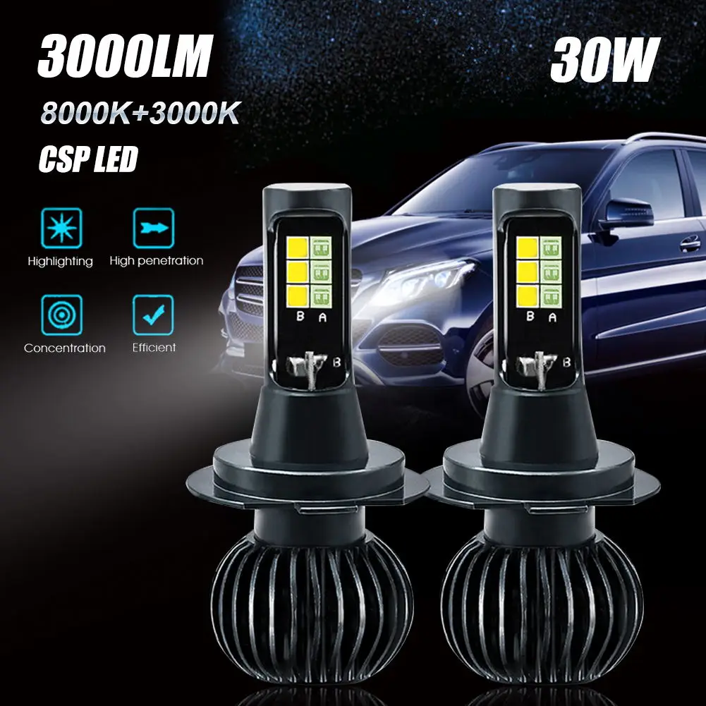 

3000LM Car LED Headlight Bulb H7 9005 9006 H11 5202 H1 H3 880 881 Fog Light 30W Ice Blue Amber Dual-Color Waterproof Lamp Bulb