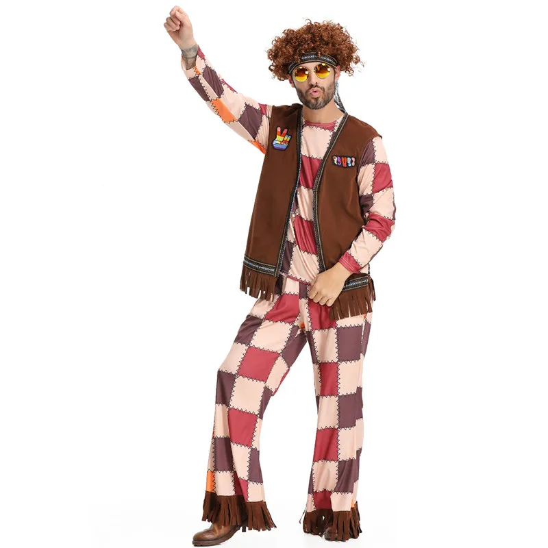 Мужские Ретро костюмы на Хэллоуин в клетку стиле хип-хоп диско хиппи певец