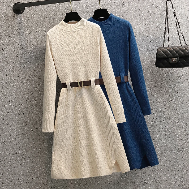 

Женское трикотажное платье с длинным рукавом, синее или бежевое винтажное платье средней длины на весну и осень, 2022