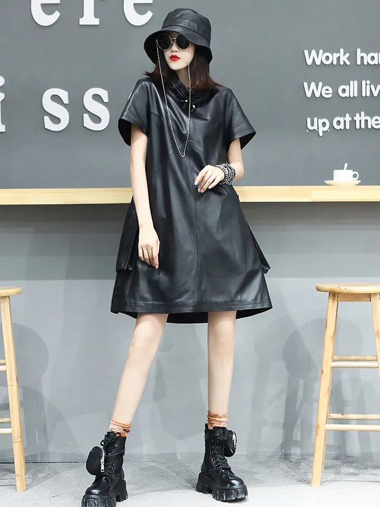 Dress Woman Autumn Winter Genuine Leather Stand Collar A-Line Dress High Waist Office Lady Sheepskin Dress with Pockets