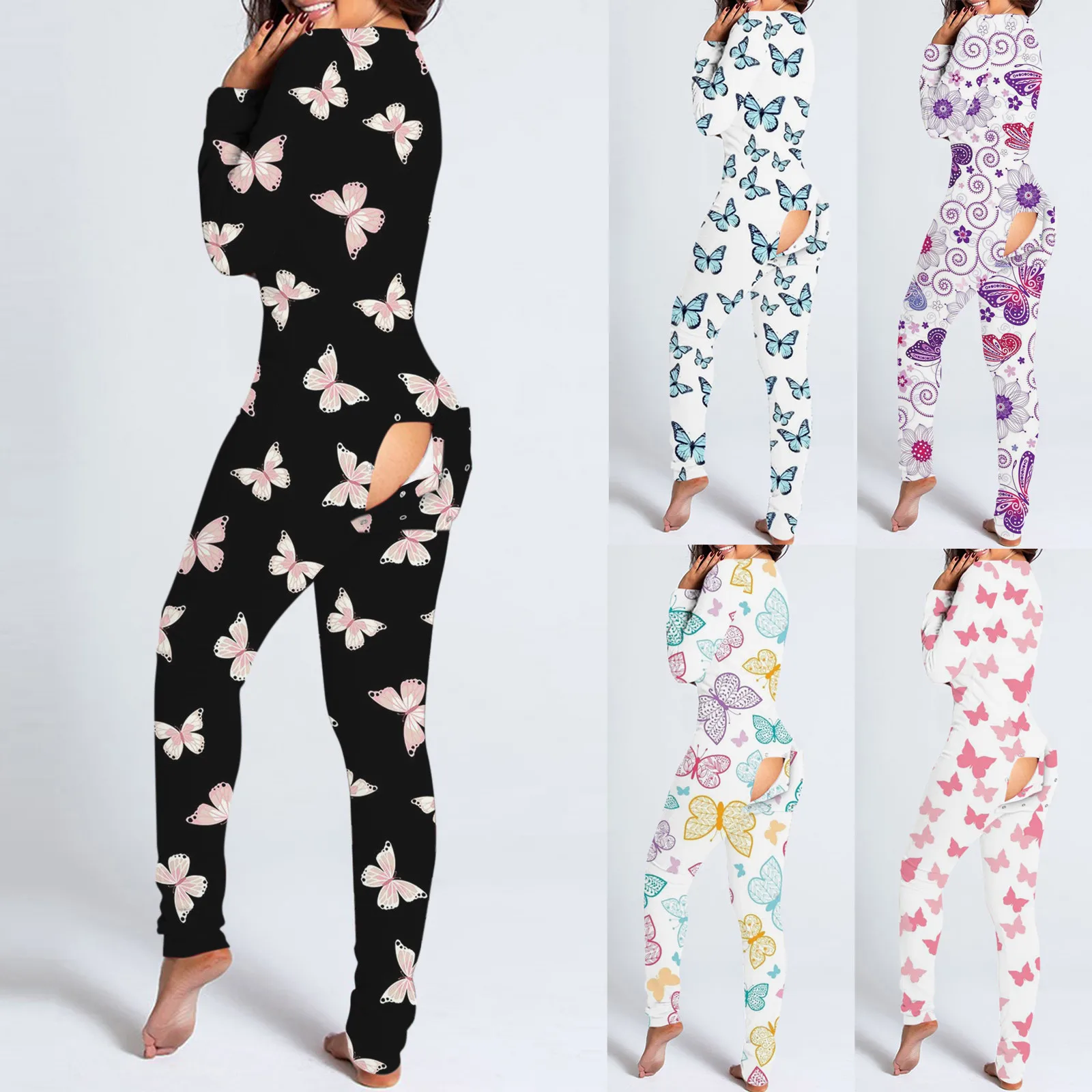 

Sexy Women Pajamas Onesies Button-down Front Functional Buttoned Flap Adults Pyjama V-neck Long Sleeve Jumpsuit Female Sleepwear