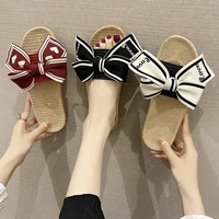 women summer casual slides comfortable flax slippers striped bow linen flip flops platform sandals ladies indoor shoes slippers