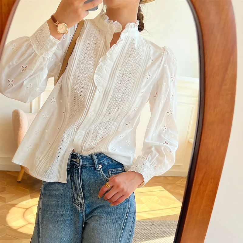 White Cotton T-shirt Classic Les Embroidery Bubble Sleeve Cardigan Single-row Multi-button Long-sleeved Shirt
