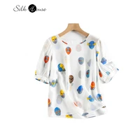 2022 fashionable summer new silk crepe de chine mulberry silk cartoon bubble sleeve round neck straight tube loose top womens