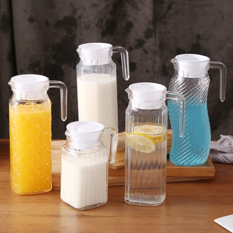 

cold Glass water jug, large-capacity tie jug, household juice jug with lid, jug jug, cool white open bottle juice bottle
