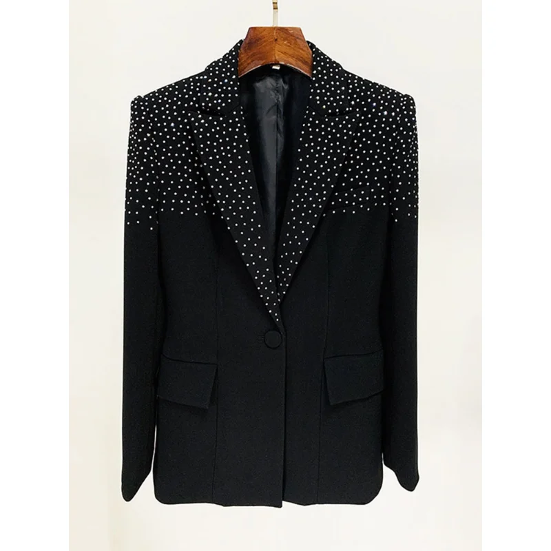 2023 Newest Designer Runway Women's Slim Fit Single Button Rhinestone Diamonds Beaded Blazer Jacket