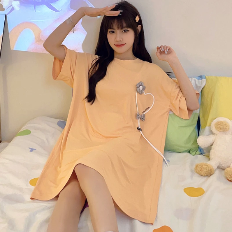 Pajamas Women's Summer Thin Cool Feeling Short-sleeved Cartoon Embroidered Nightgowns Home Service Mid-length Skirt Sleepwear