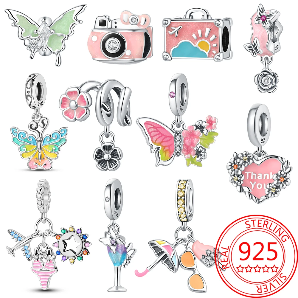 Бледно-розовый браслет из серебра 925 пробы с бабочкой и подвесками в виде роз