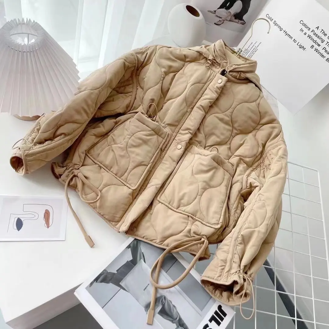 

Women 2023 New Fashion Pocket Cotton-padded Jacket Jacket Coat Vintage Long Sleeve Zipper Female Outerwear Chic Overshirt