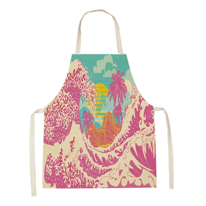 

Japanese Style Kitchen Waves Sunrise Print Aprons for Women Linen Pinafore Bibs Household Cleaning Home Cooking Apron