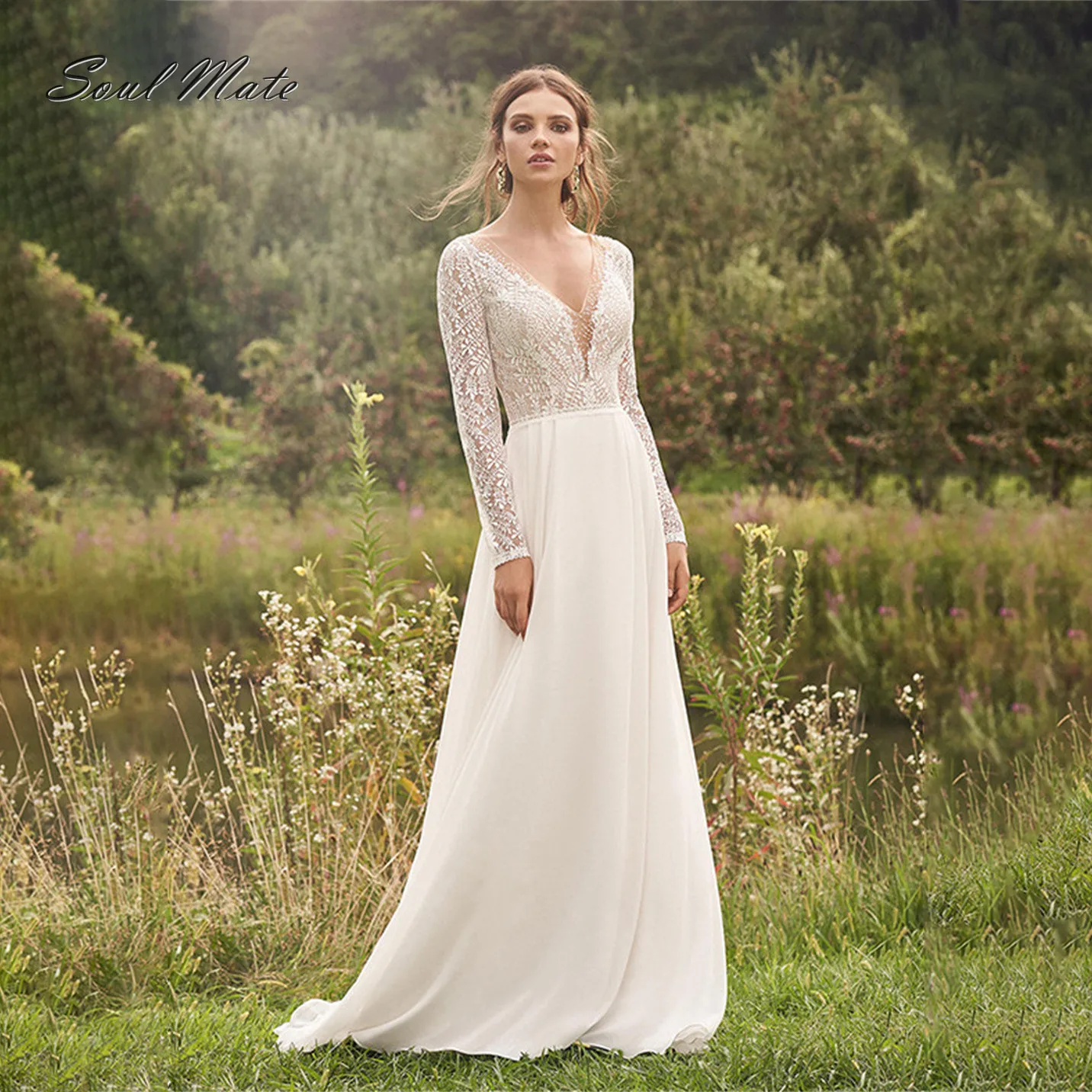 

Elegant Lace A Line Wedding Dress for Women Sweetheart Long Sleeves Appliques Bridal Gowns Backless Bridal Dress Robe De Mariée