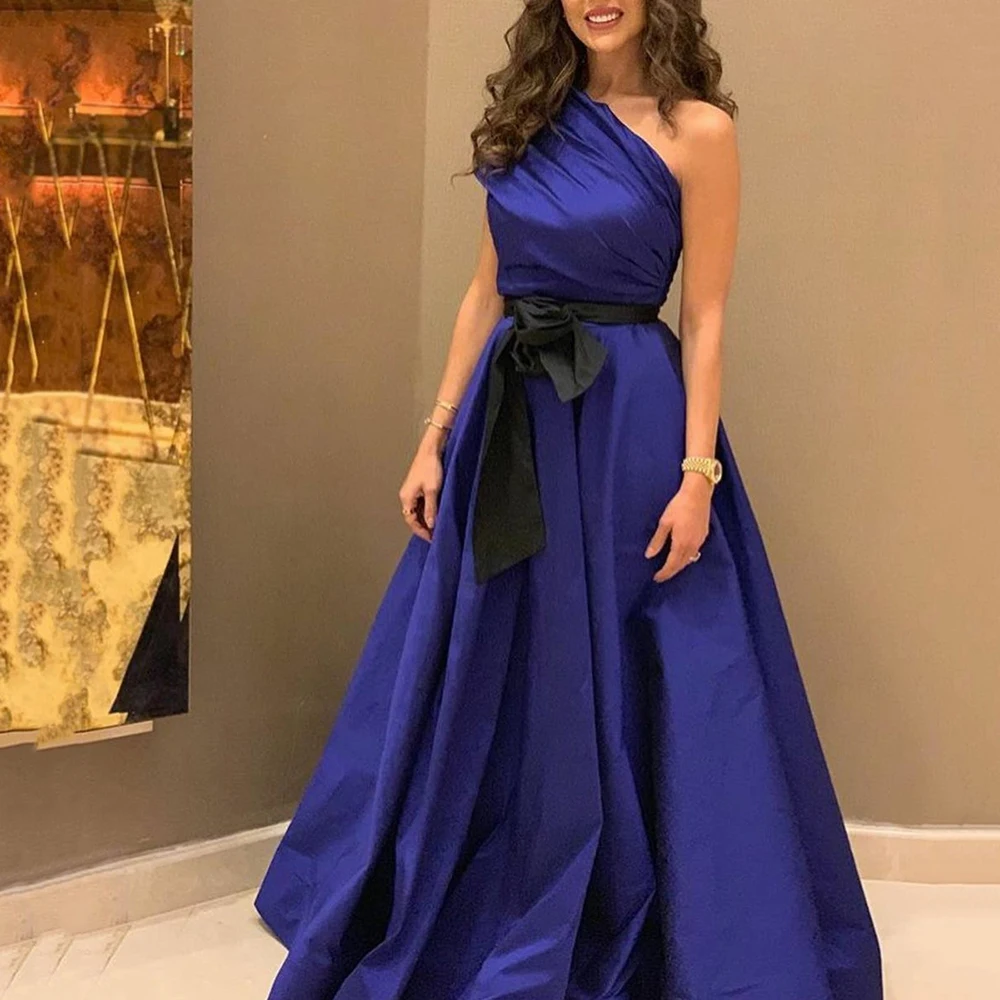 

2022 Elegant Long Blue Taffeta Muslim Evening Dresses with Pockets A-Line Zipper Back Abendkleid Robes de Soirée for Women