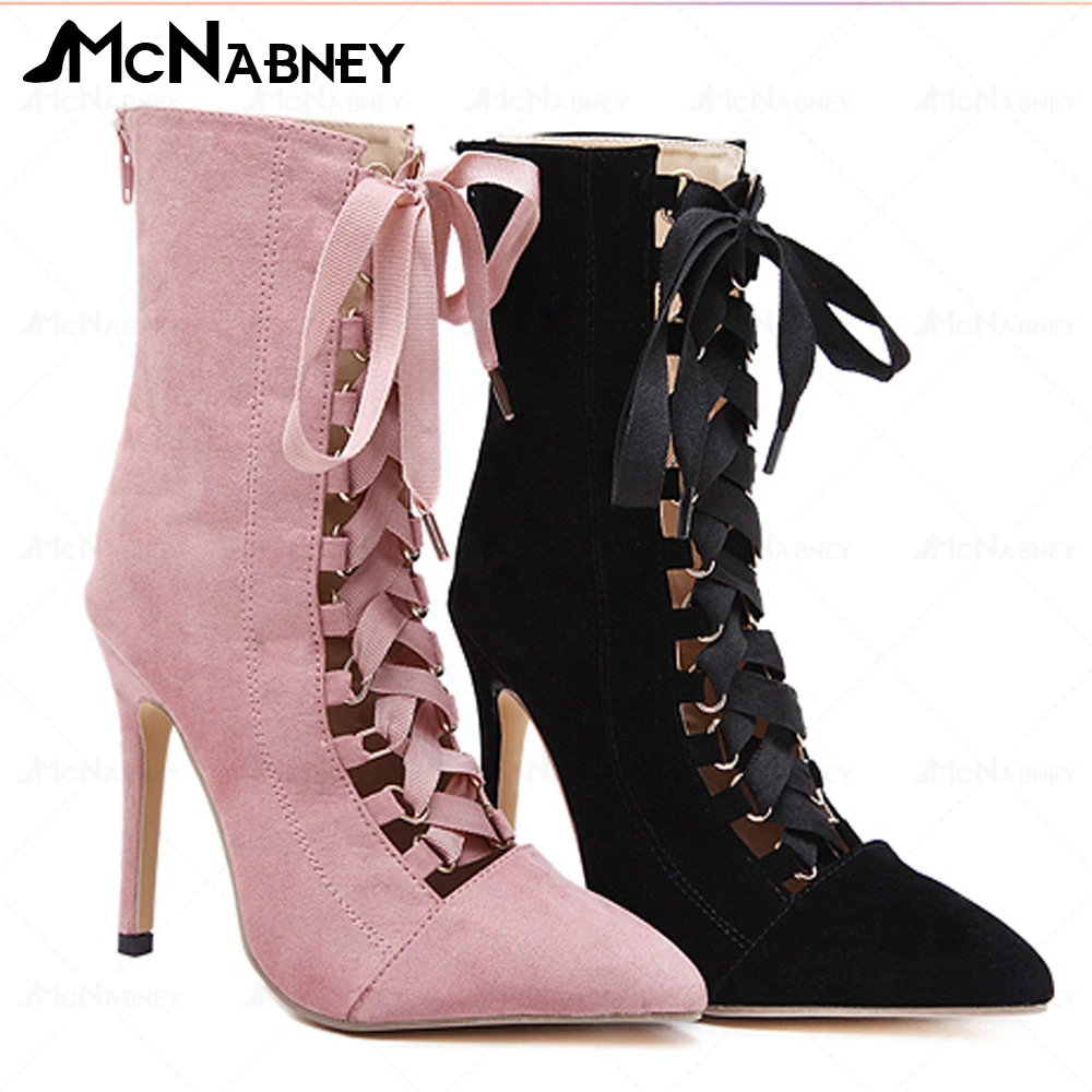 Modern Boots Mid Boots Cross Lace Up Boots Pointed Toe Stiletto Women Shoes Sexy Fashion Style Shoes for Ladies Dress Casual