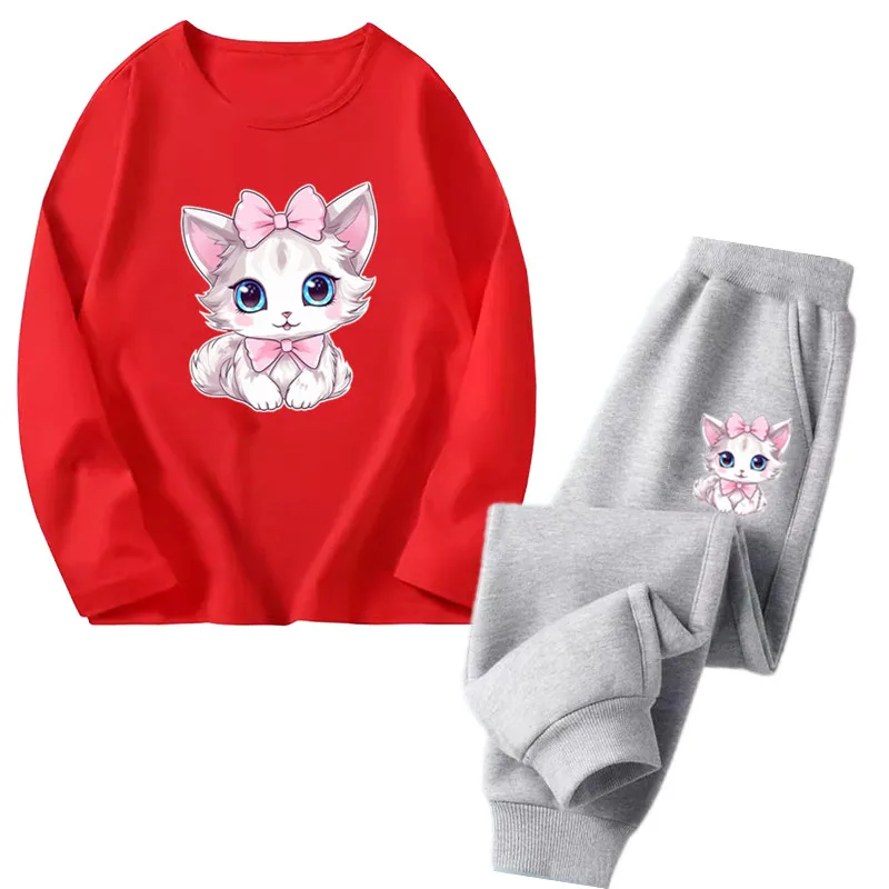 Комплект одежды для маленьких девочек 3-14 лет топ с милым котом и штаны длинными