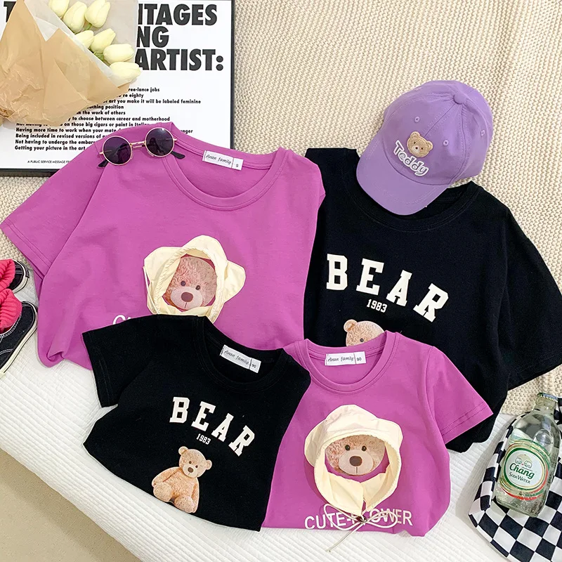 

Father Mother and Son Daughter T-shirts for Whole Family Clothes Parent-child Cotton Short Sleeve Tees Baby Cute Bear Clothing