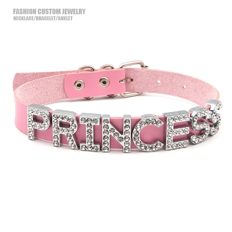 Pink Pu Leather Daddys Princess Choker Collar Rhinestone Letters Custom Name Necklaces For Women Men Personalized Sexy Jewelry