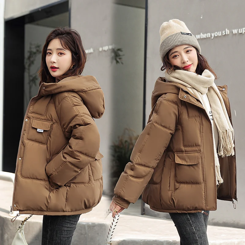 Women Fashion Short Loose Thick Hooded Jacket Cotton-Padded 2023 Winter Long Sleeve Parkas Female Warm Oversized Solid Coat