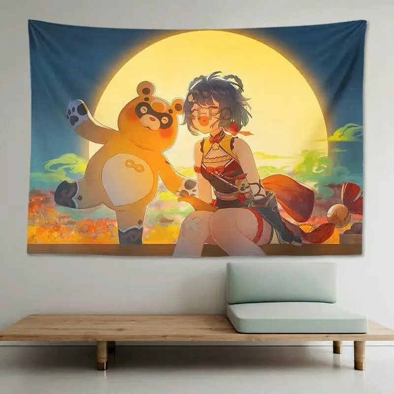 

Anime Genshin Impact Tapestry Wall Hanging Cartoon Decorative Tapestries Yoga Background Cloth Decoration Bedroom Living Room