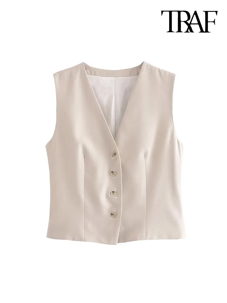 

TRAF Women Fashion With Slits Front Button Waistcoat Vintage V Neck Sleeveless Female Outerwear Chic Vest Tops
