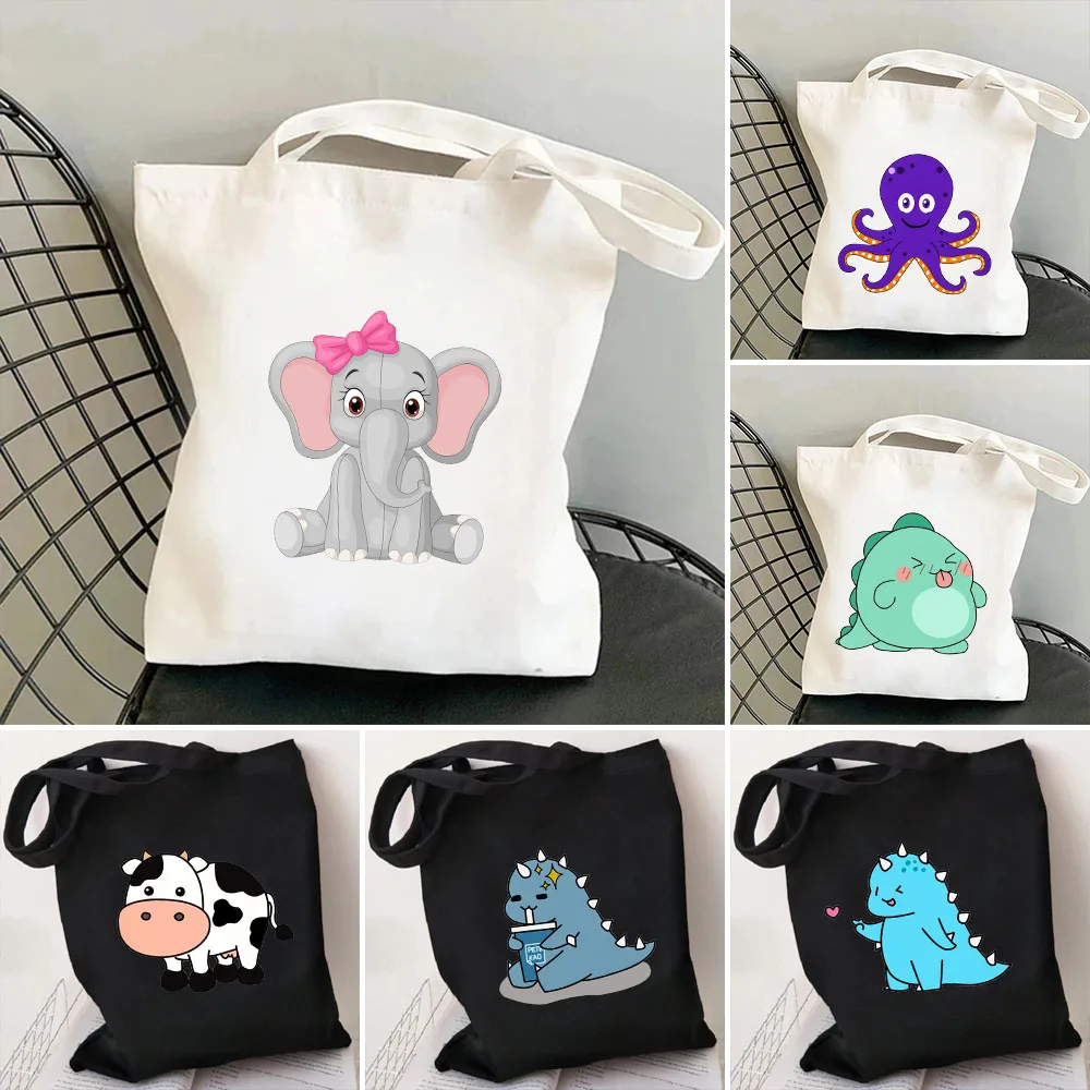 

Lovely Dinosaur Cute Animal Elephant Pink Pig Women's Shopping Canvas Shoulder Cotton Tote Bags Shopper Foldable Grocery Handbag
