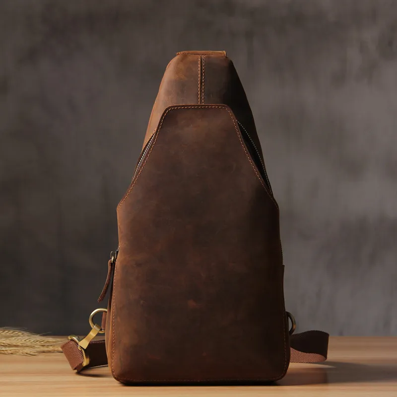 Retro fashion high-quality crazy horse leather men's large-capacity chest bag casual daily multi-function cowhide crossbody bag