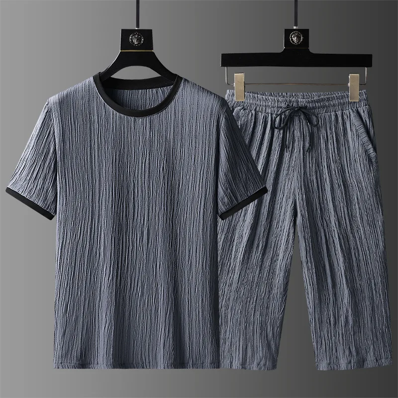 2023 summer new tide high-end ice silk suit men's summer thin short sleeve shorts sports casual two-piece set