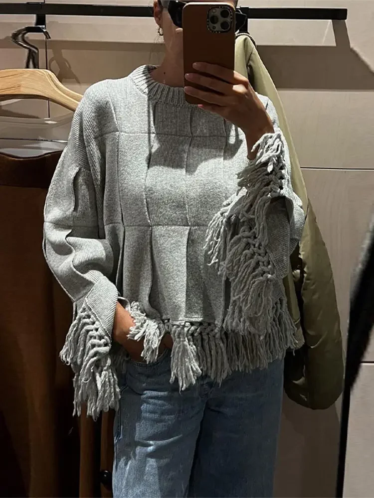 Новинка осени 2024 шикарный женский модный однотонный свитер с бахромой круглым