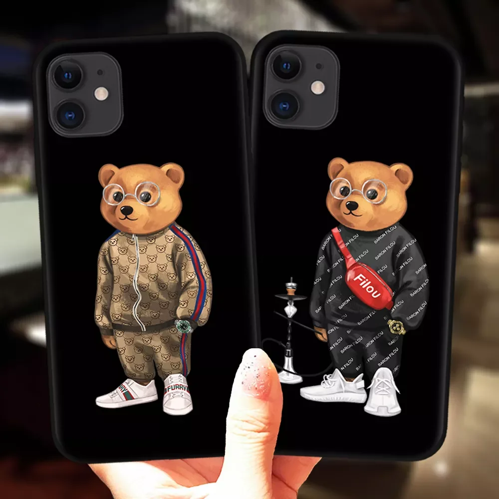

iPhone 11 12 13 Pro Max Mini 7 8 Plus X XS XR 6 6S 5S SE 2020 Black Cute Bear Fashion Brand Protective Silicone Cover