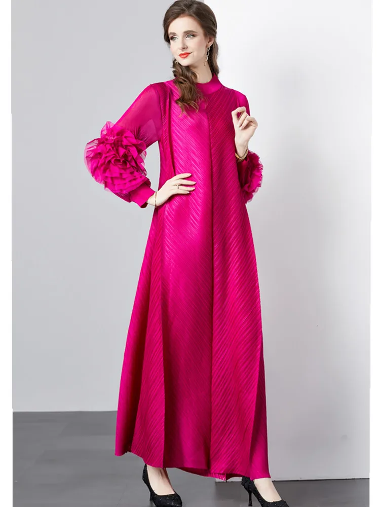 

SMTHMA New Fashion Miyake Pleated Long Dress Ruffles Mesh Long Sleeve Stand Collar Vintage Runway Elegant Autumn Dresses