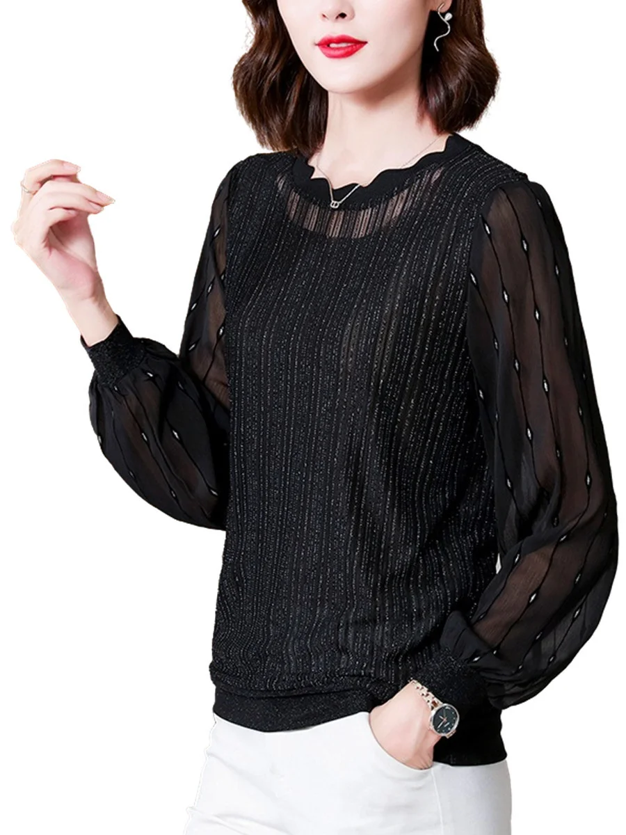 Блузка женская с длинным рукавом круглым вырезом и блестками |