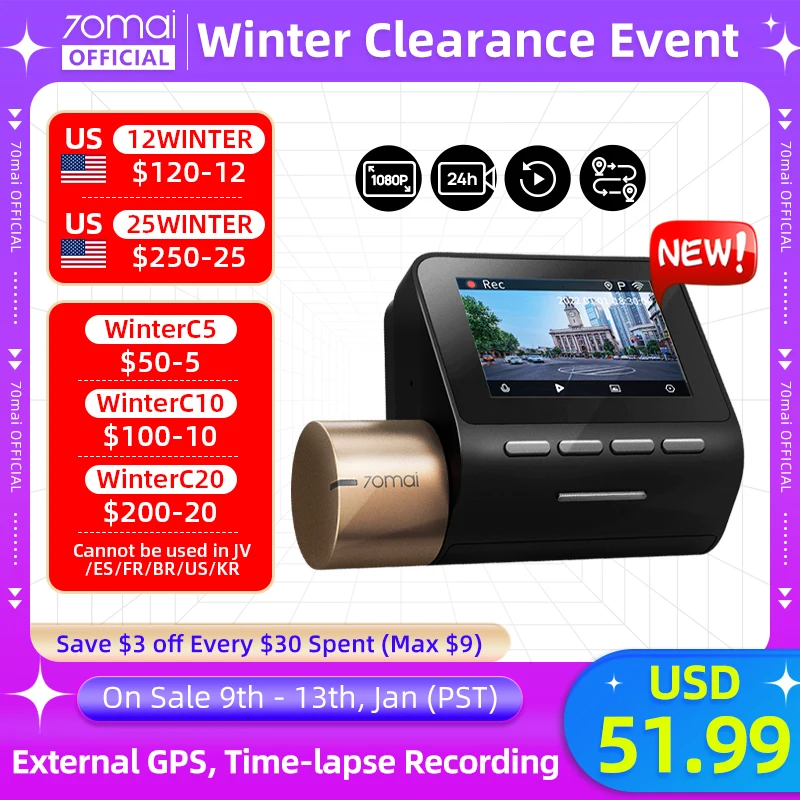  2022 70mai Dash Cam Lite2 2'' LCD Screen 70mai D10 Car DVR Lite 2 1080P External GPS Auto Recorder 24h Parking Support 130° FOV 