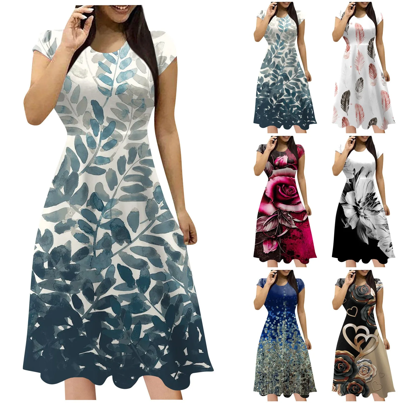 

Летние платья для женщин, модное облегающее летнее платье с цветочным принтом и круглым вырезом, женское классическое и универсальное платье, платья