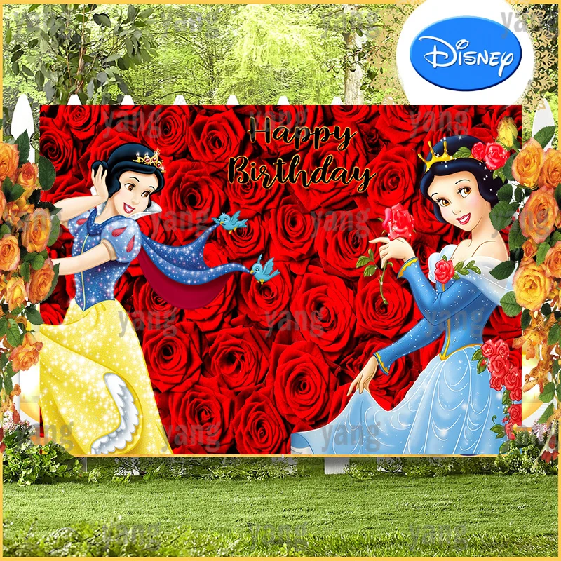 Enlarge Disney Snow White Party Customizable Red Romantic Rose Happy Birthday  Photo Background Decoration Supplies Name DIY Backdrops