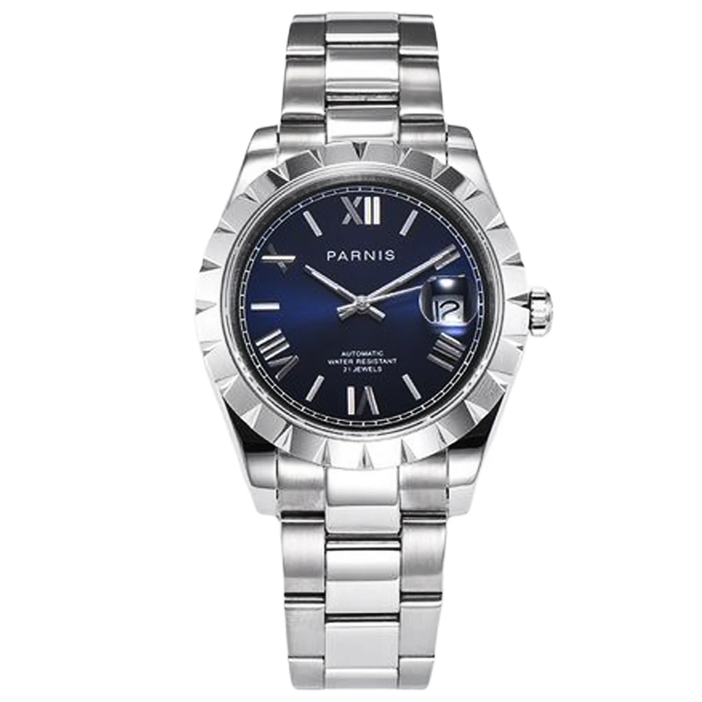 

Parnis New Mens Top Watch Silver Case Sapphire Crystal Blue Dial Date Window 21 Jewels Miyota 8215 Movement Automatic Watch